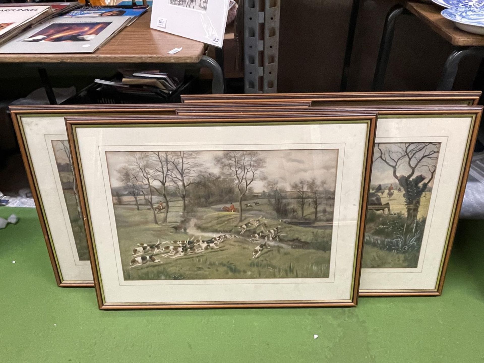 FOUR LARGE FRAMED PRINTS FEATURING HUNTING SCENES