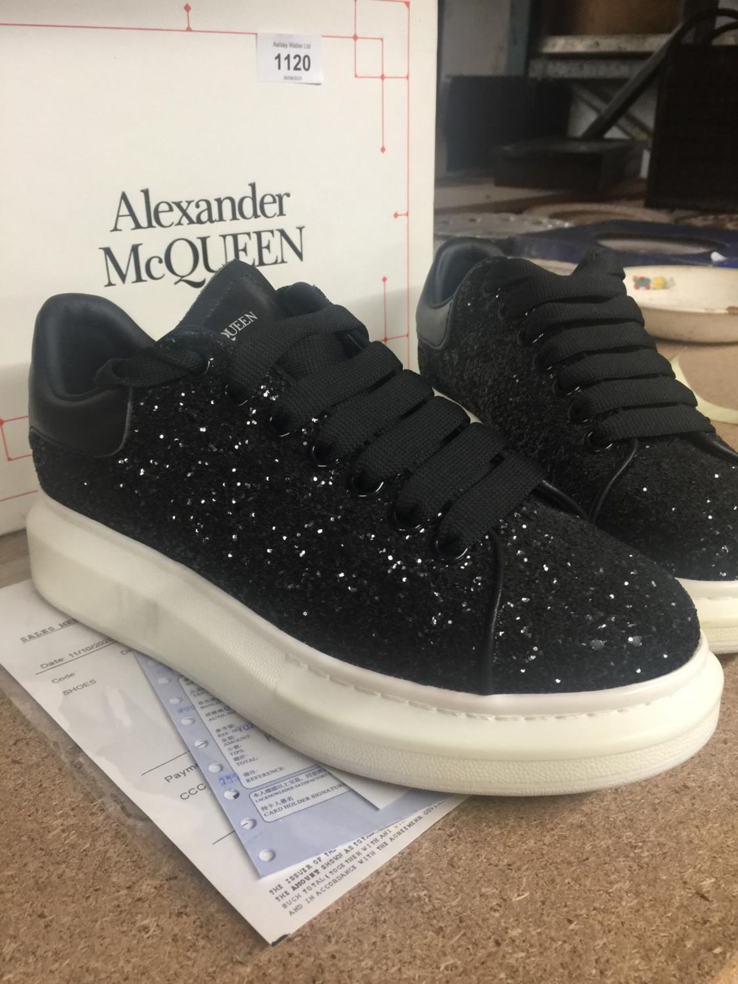 A PAIR OF ALEXANDER McQUEEN BLACK WOMEN'S CASUAL TRAINERS, SIZE 6, WITH ORIGINAL PAPERWORK, BOXED - Image 2 of 5