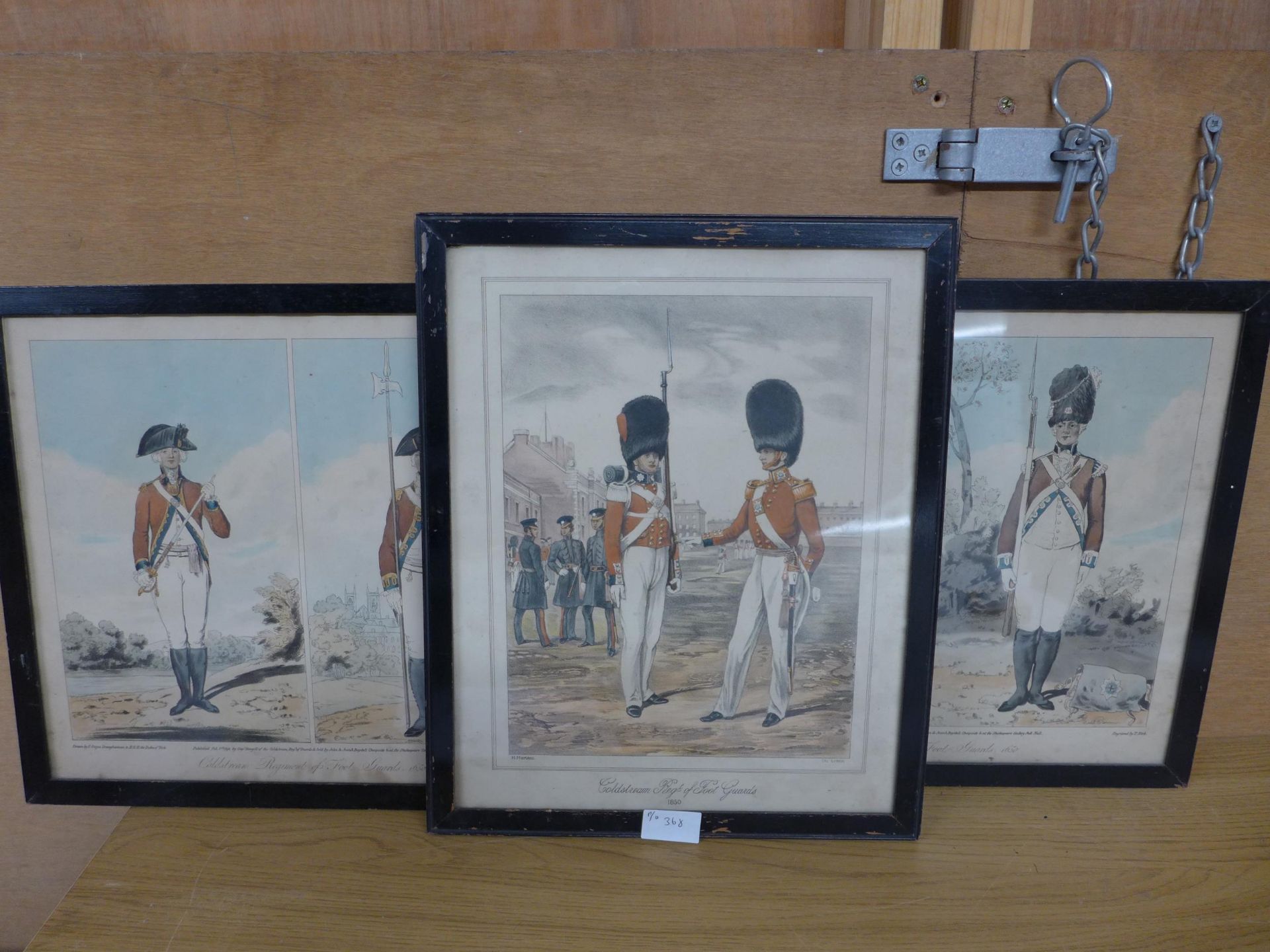 A PAIR OF 19TH CENTURY COLOURED PRINTS OF THE COLDSTREAM REGIMENT OF FOOT, 31X37CM, FURTHER