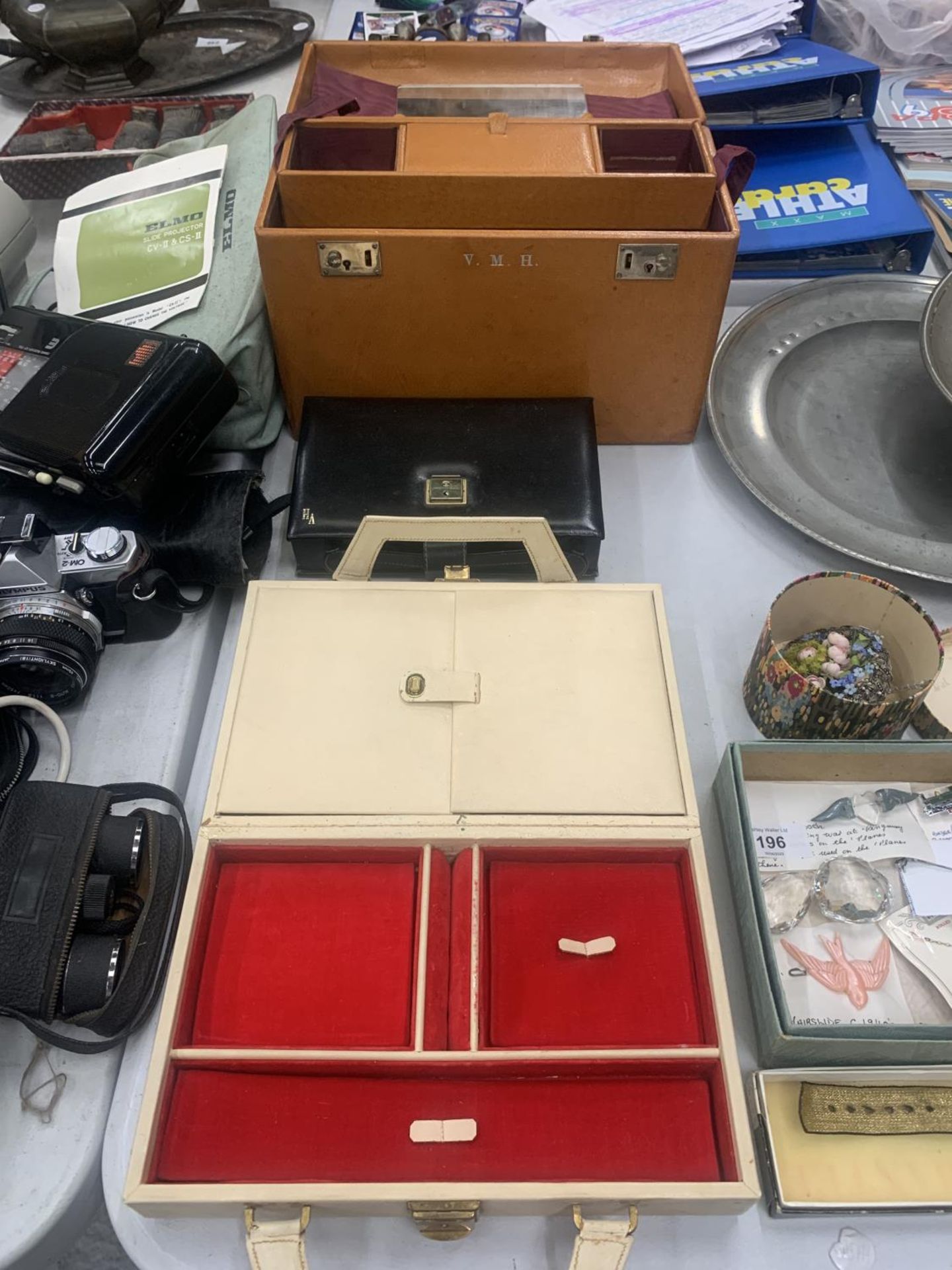 THREE VINTAGE LEATHER BOXES TO INCLUDE A VANITY TRAVELLING CASE, MANICURE SET AND A JEWELLERY BOX,