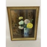 A 20TH CENTURY CHRYSANTHEMUMS IN AN ORIENTAL VASE, OIL ON PANEL, INDISTINCTLY SIGNED, 43CM X 34CM,