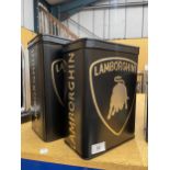 TWO BLACK METAL LAMBORGHINI PETROL STORAGE CANS