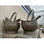 TWO VINTAGE COPPER AND BRASS COAL BUCKETS