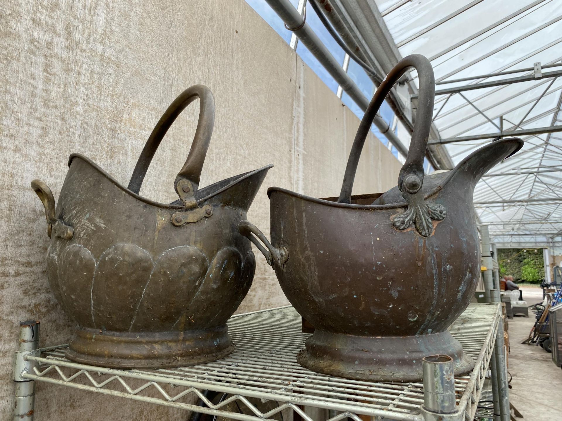 TWO VINTAGE COPPER AND BRASS COAL BUCKETS