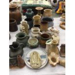 A LARGE QUANTITY OF STUDIO POTTERY TO INCLUDE JUGS, VASES, BOWLS, ETC - SOME MARKED TO THE BASE