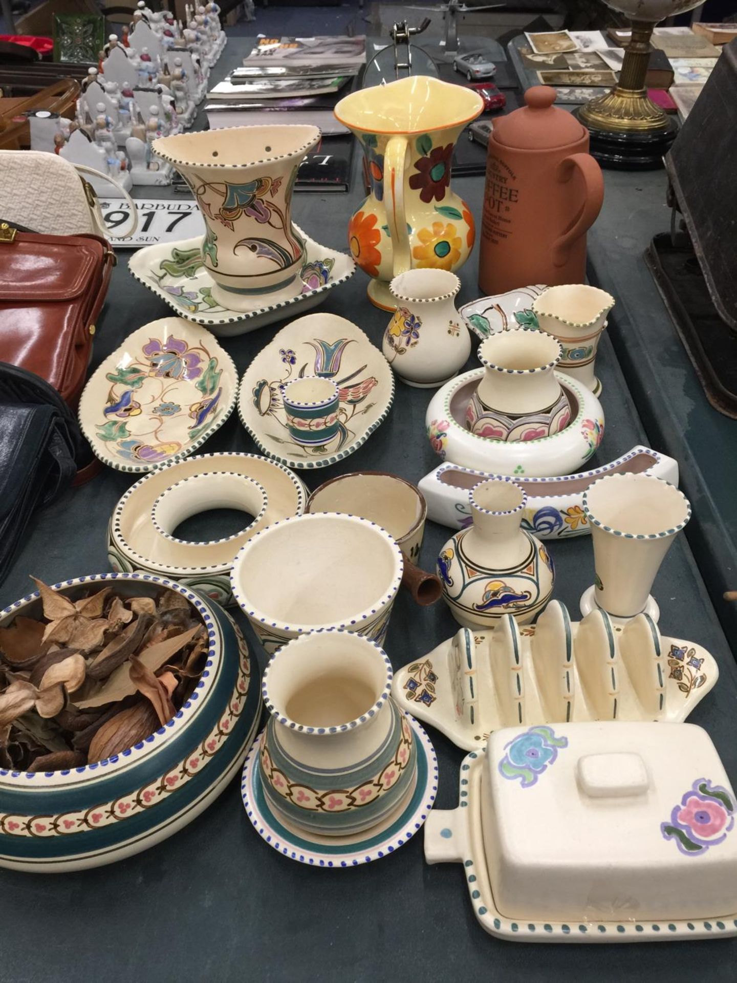 A COLLECTION OF HONITON DEVON POTTERY TO INCLUDE VASES, A TOAST RACK, BUTTER DISH, BOWLS, ETC,