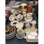 A COLLECTION OF HONITON DEVON POTTERY TO INCLUDE VASES, A TOAST RACK, BUTTER DISH, BOWLS, ETC,