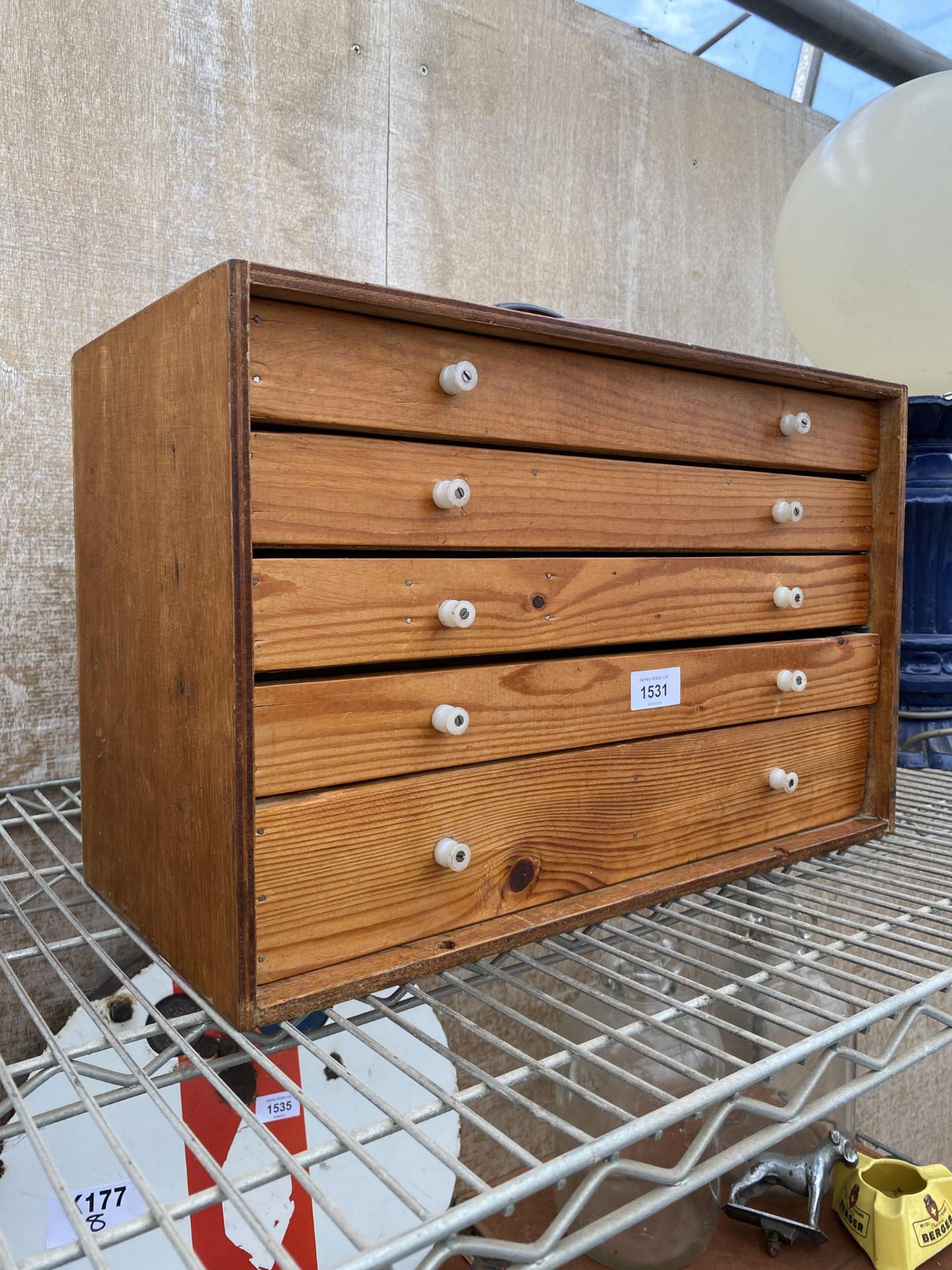 A MINIATURE FIVE DRAWER WOODEN ENGINEERS CHEST