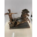 A COPPER EFFECT HORSE AND CHARIOT MODEL, HEIGHT 27CM