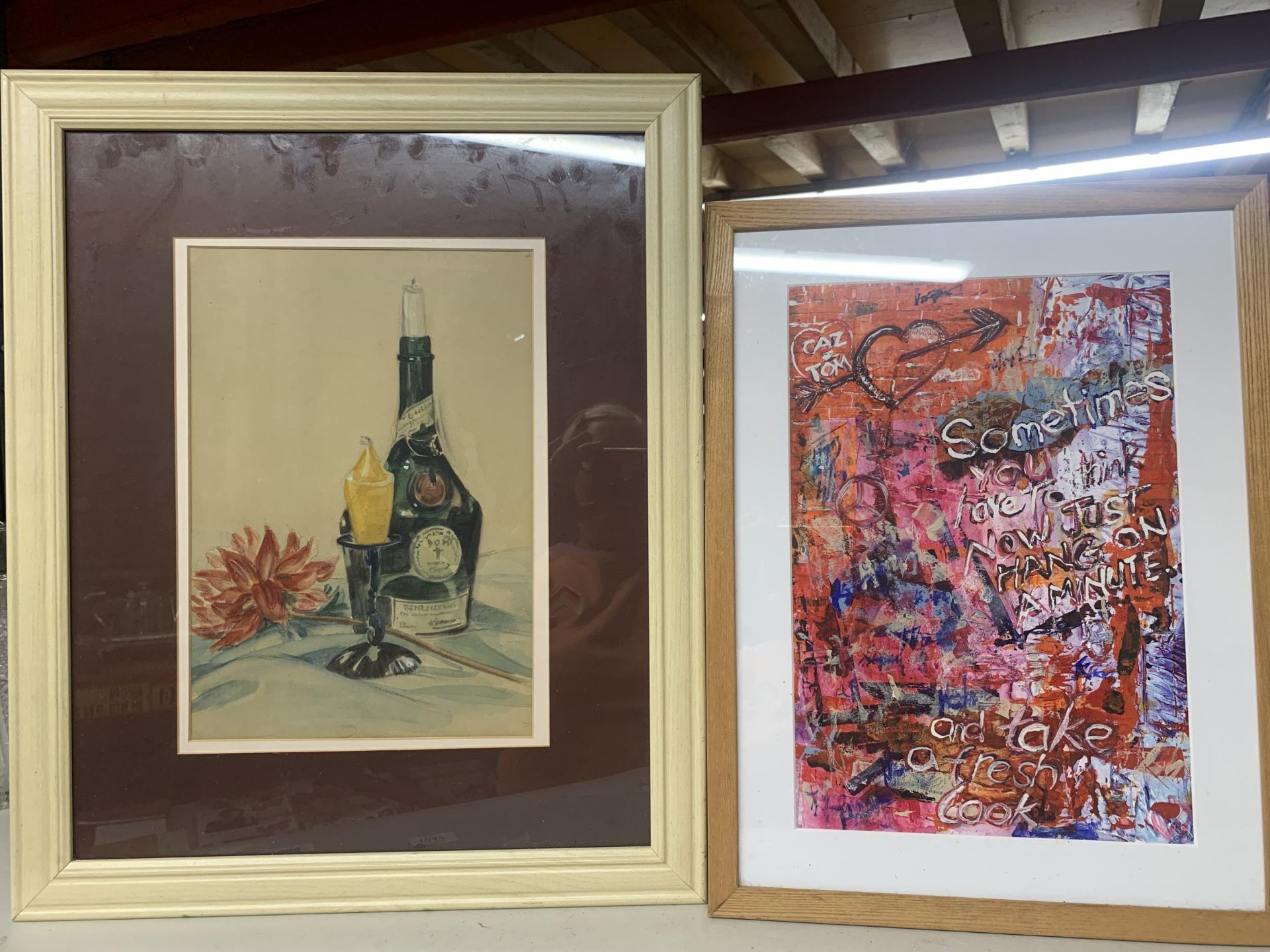 TWO MODERN FRAMED PRINTS, ABSTRACT GRAFFITI EXAMPLE AND STILL LIFE
