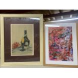 TWO MODERN FRAMED PRINTS, ABSTRACT GRAFFITI EXAMPLE AND STILL LIFE