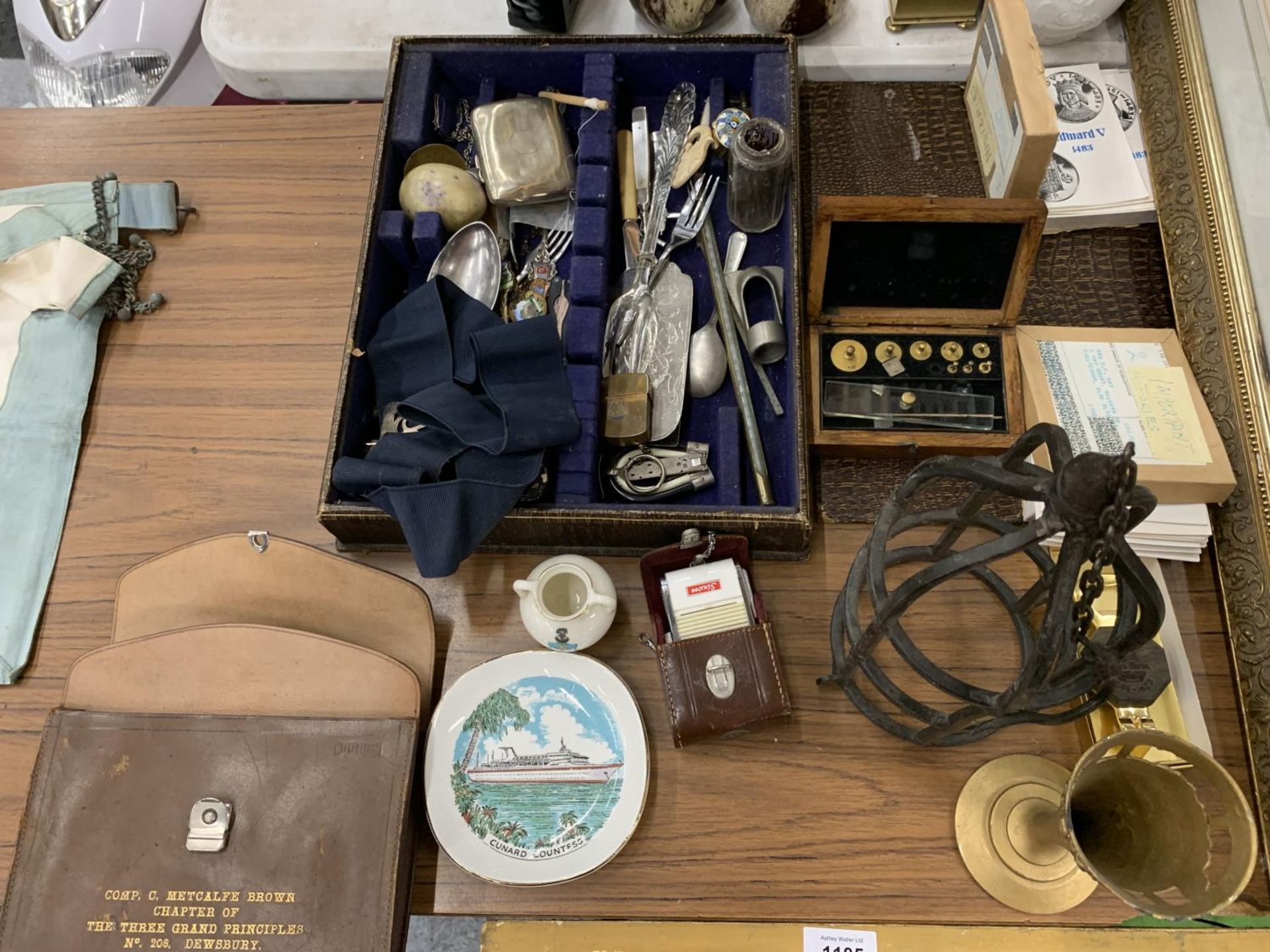 A LARGE MIXED LOT TO INCLUDE A MASONIC BAG, A QUANTITY OF SILVER PLATE, A TRAVELLING INKWELL IN