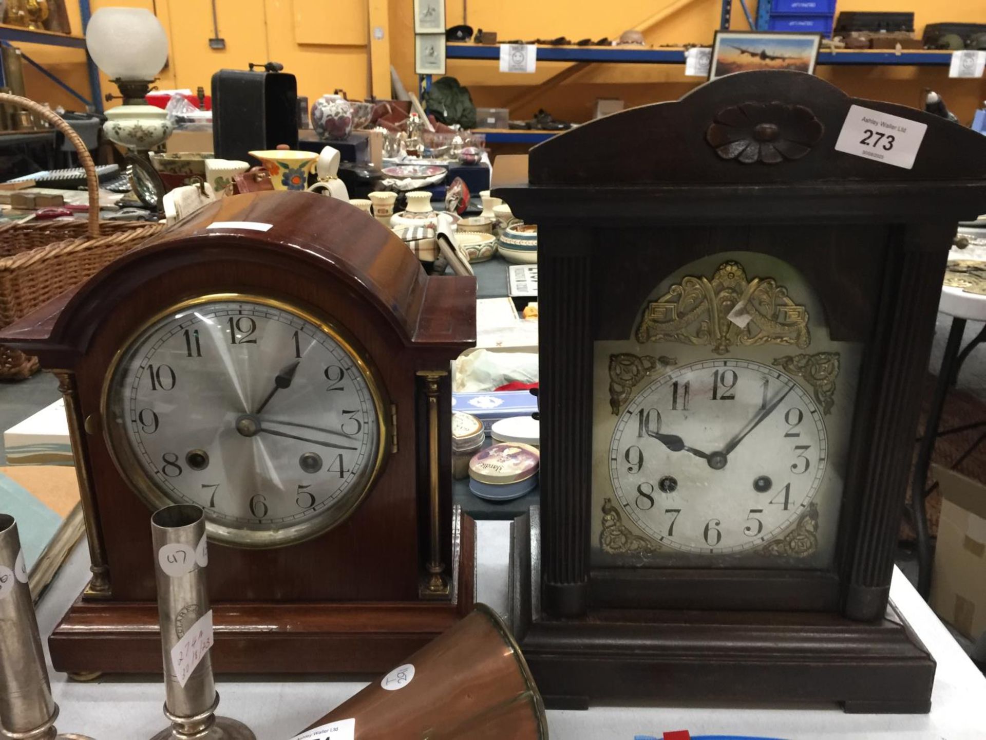 TWO VINTAGE MANTLE CLOCKS, ONE WITH NEWHAVEN MOVEMENT, THE OTHER WITH JUNGHANS MOVEMENT, BOTH WITH