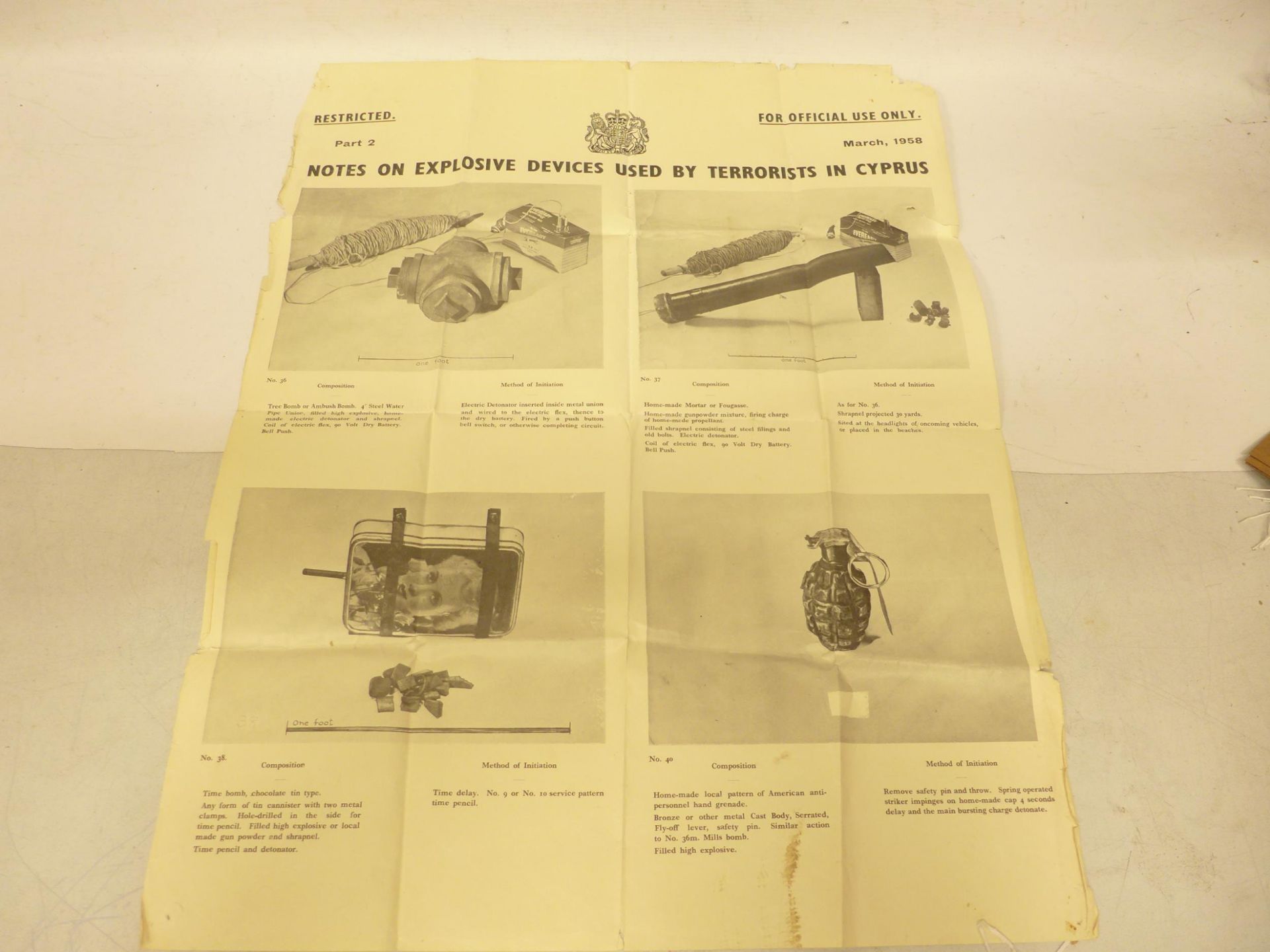 A POSTER 'NOTES ON EXPLOSIVE DEVICES USED BY TERRORISTS IN CYPRUS', 1958, 63CM X 51CM