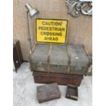 AN ASSORTMENT OF ITEMS TO INCLUDE A METAL TRAVEL TRUNK, A FURTHER VINTAGE TRAVEL TRUNK, A PEDESTRIAN