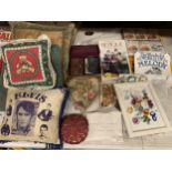 A MIXED LOT TO INCLUDE EMBROIDERY CUSHIONS, CARD GAMES, A FRAMED PRINT ETC