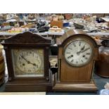 TWO VINTAGE MANTLE CLOCKS, BOTH WITH BADISCHE MOVEMENTS, KEYS AND PENDULUMS