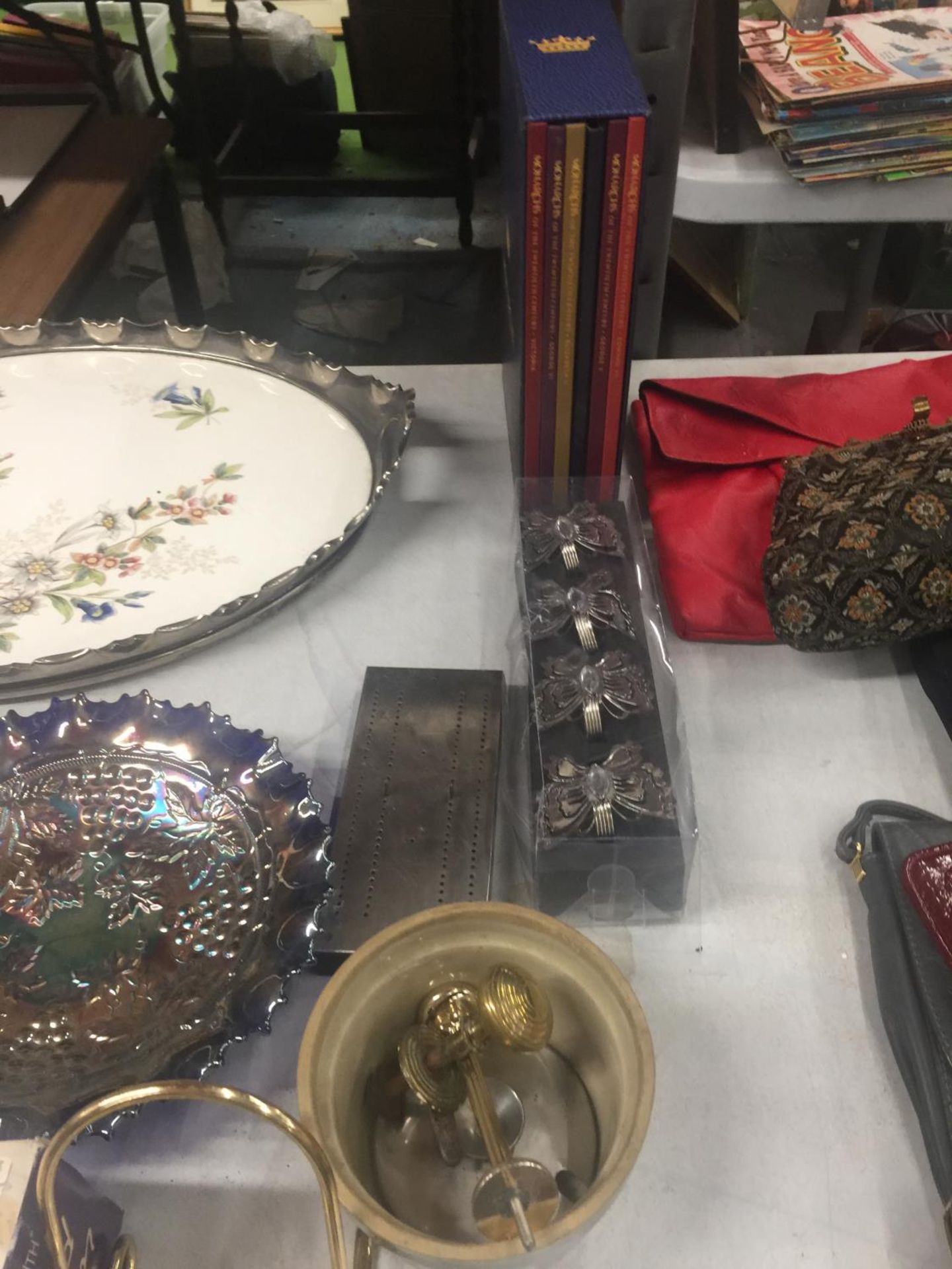 A LARGE TRAY WITH CERAMIC INNER AND SILVER PLATED EDGING, A BEAD LOOM, SET OF MONARCHS BOOKS, - Image 3 of 4