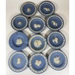 A GROUP OF ELEVEN WEDGWOOD JASPERWARE PIN DISHES / TRAYS TO INCLUDE WILDLIFE COLLECTION ETC