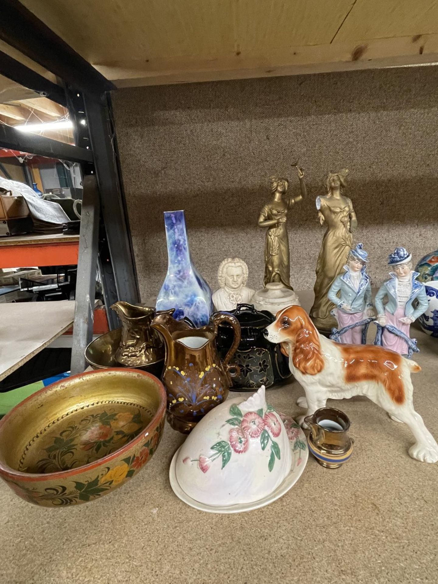 A MIXED LOT TO INCLUDE LUSTRE WARE JUGS, CERAMIC DOG, ANTIQUE TEAPOT, BUTTER DISH, ETC.,