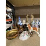 A MIXED LOT TO INCLUDE LUSTRE WARE JUGS, CERAMIC DOG, ANTIQUE TEAPOT, BUTTER DISH, ETC.,