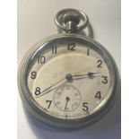 A MILITARY POCKET WATCH WITH CROWS FOOT SEEN WORKING BUT NO WARRANTY