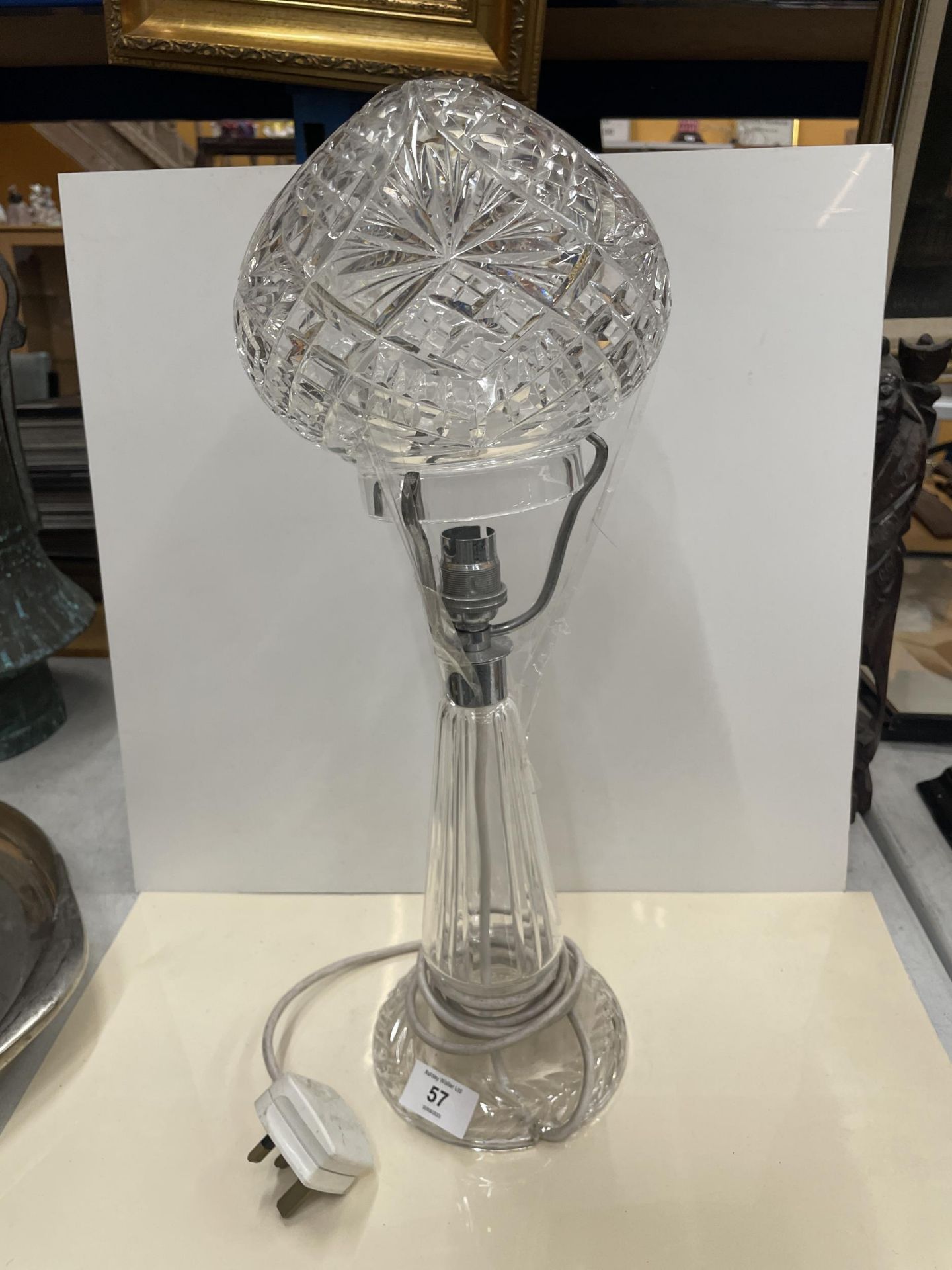 A CUT GLASS MUSHROOM LAMP WITH SHADE