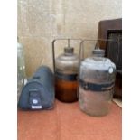 TWO VINTAGE GLASS KEROSENE STOVE DRIP JARS AND A COPPER TANK