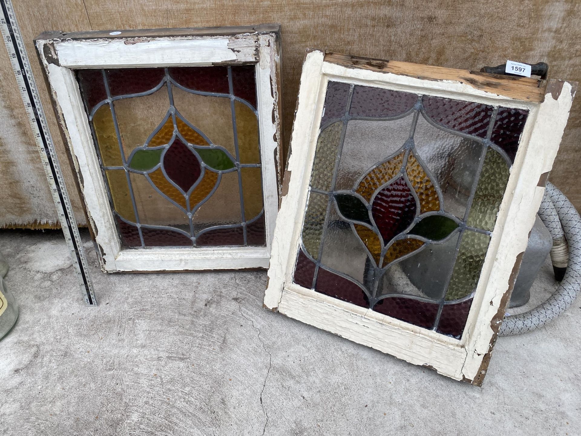 A PAIR OF VINTAGE WOODEN FRAMED STAINGLASS WINDOWS