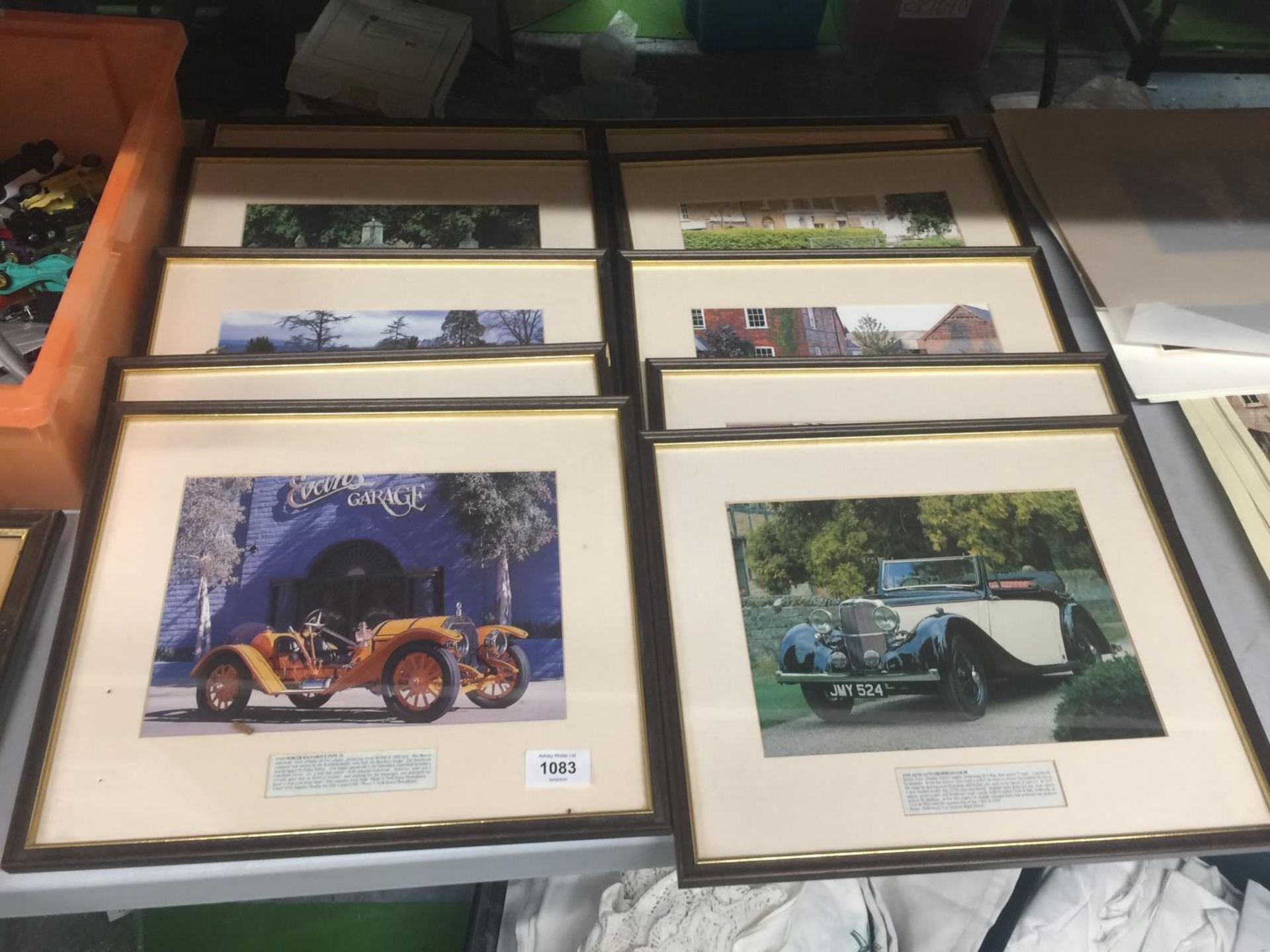 A SET OF TEN MATCHING FRAMED AND GLAZED PRINTS OF CLASSIC CARS
