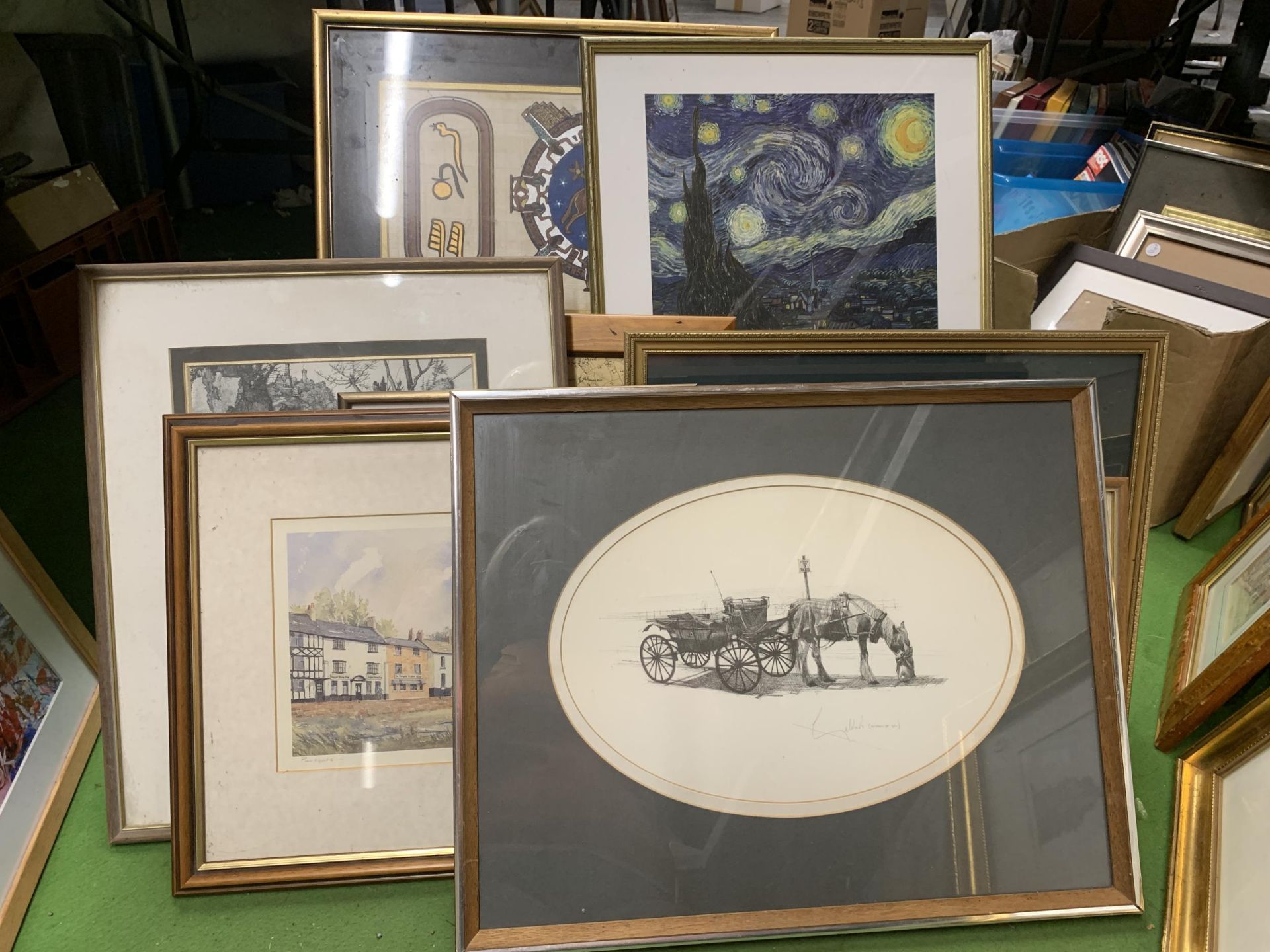 A GROUP OF FRAMED PRINTS, MAP, COLIN BROWN WATERCOLOUR, EGYPTIAN EXAMPLE ETC