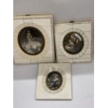 A GROUP OF THREE ANTIQUE PIANO KEY HAND PAINTED PORTRAIT MINIATURES