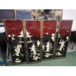 A SET OF FOUR ORIENTAL MOTHER OF PEARL DESIGN LACQUERED PANELS WITH FIGURAL DESIGN