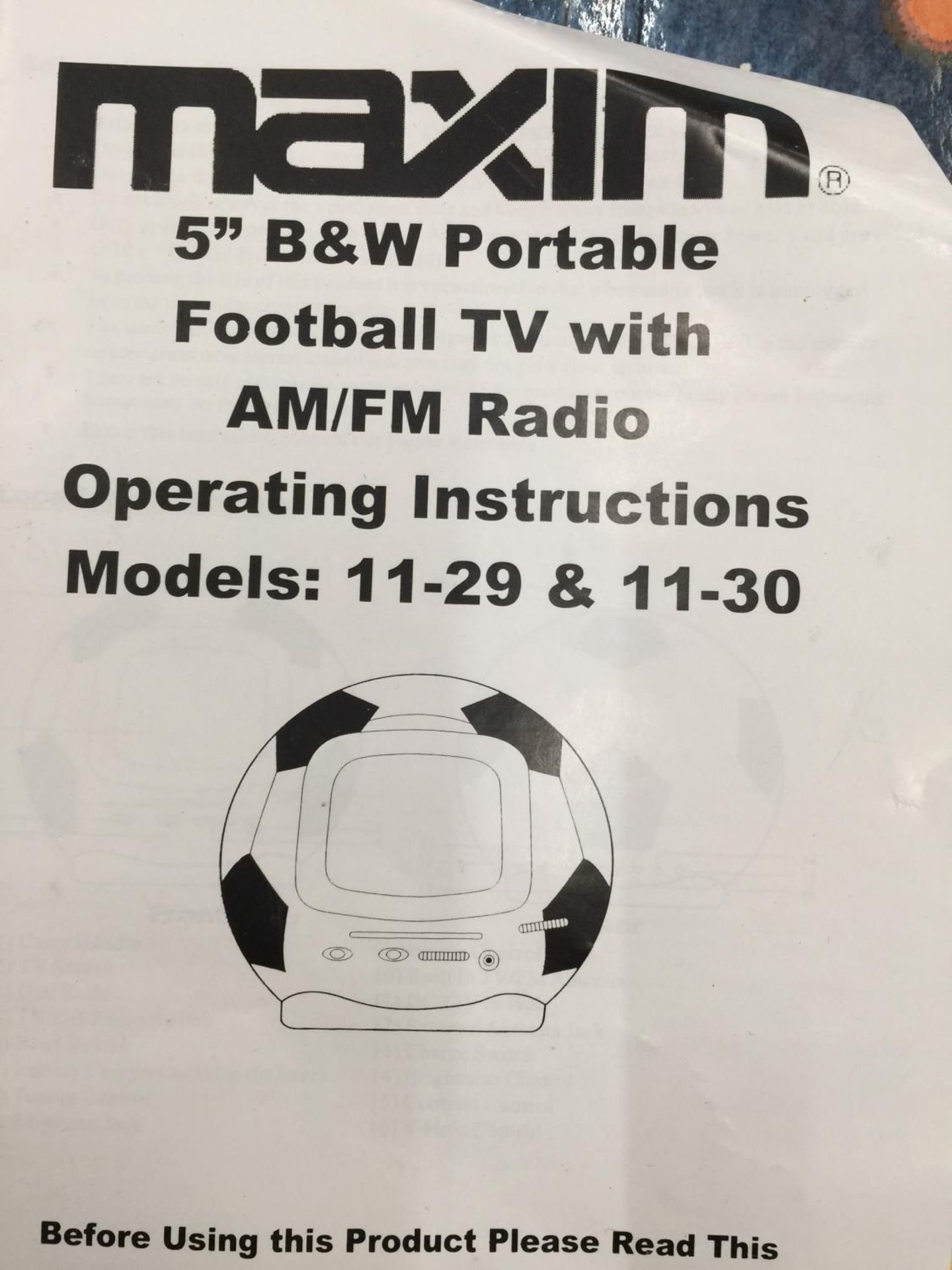 A VINTAGE MAXIM FOOTBALL TELEVISION WITH OPERATING INSTRUCTIONS - Image 2 of 2
