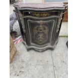 A VICTORIAN EBONISED BOULLE SERPENTINE FRONTED CABINET WITH APPLIED BRASS EMBELLISHMENTS, 45"