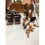 A QUANTITY OF TREEN TO INCLUDE BOOKENDS, CLOCK, FIGURES, LETTER HOLDER, ETC.,