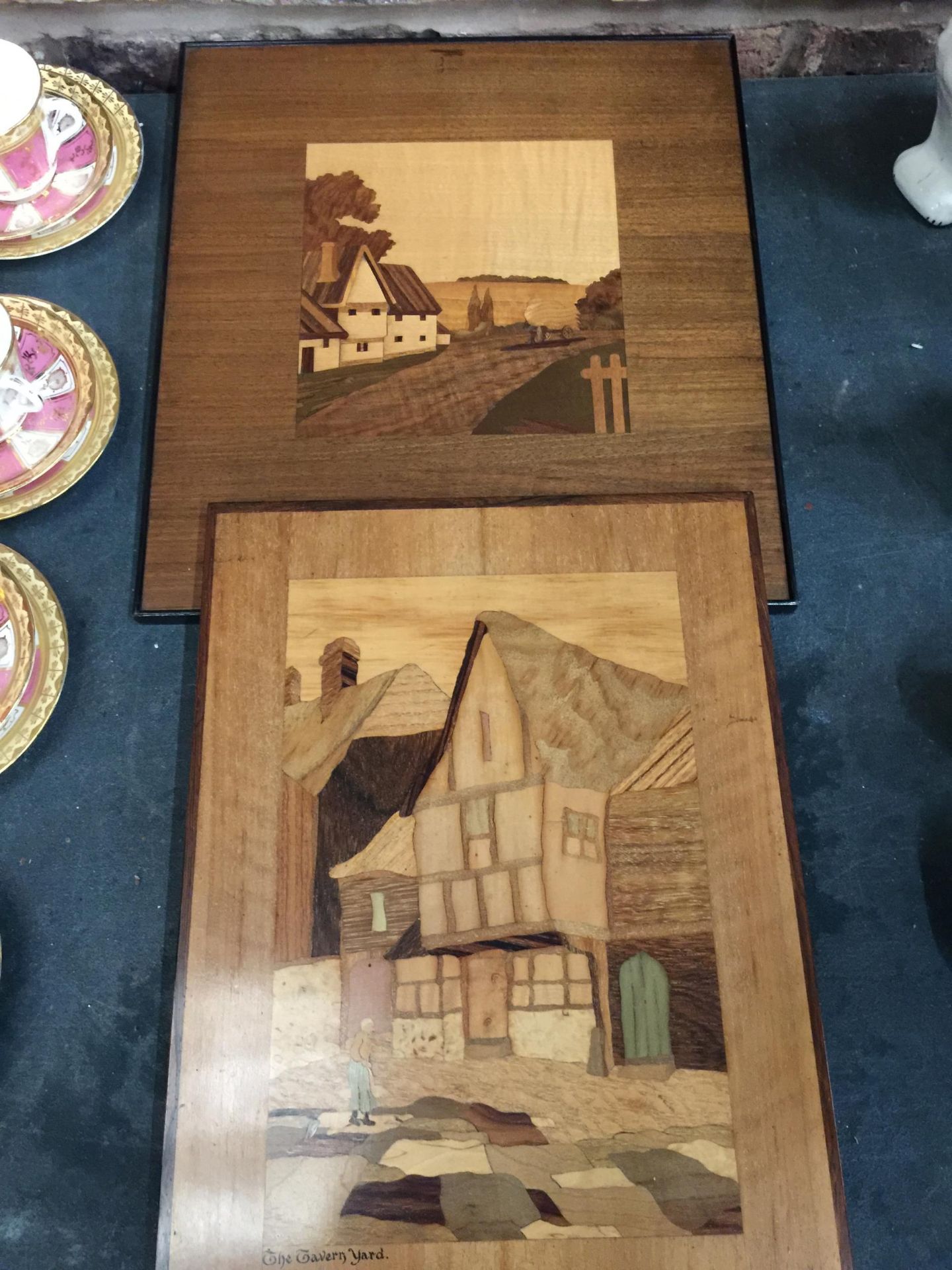 TWO VINTAGE INLAID WOODEN PLAQUES