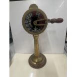 A VINTAGE STYLE BRASS ENGINE ROOM TELEGRAPH ON WOODEN STAND