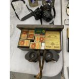 A VINTAGE PENTAX MV1 CAMERA, A PAIR OF CARL ZEISS BINOCULARS AND A QUANTITY OF MATCH BOXES IN A TIN