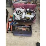 AN ASSORTMENT OF ITEMS TO INCLUDE EXTENSION LEADS, A TROLLEY JACK AND SAWS ETC