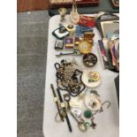 A LARGE QUANTITY OF COSTUME JEWELLERY TO INCLUDE BROOCHES, NECKLACES, WATCHES, RINGS, ETC