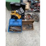 AN ASSORTMENT OF TOOLS AND HARDWARE TO INCLUDE A JCB ELECTRIC WOOD PLANE, DRILL BITS AND PIPE