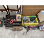 A LARGE ASSORTMENT OF TOOLS TO INCLUDE TILE CUTTERS, PLIERS AND WOOD JIGS ETC