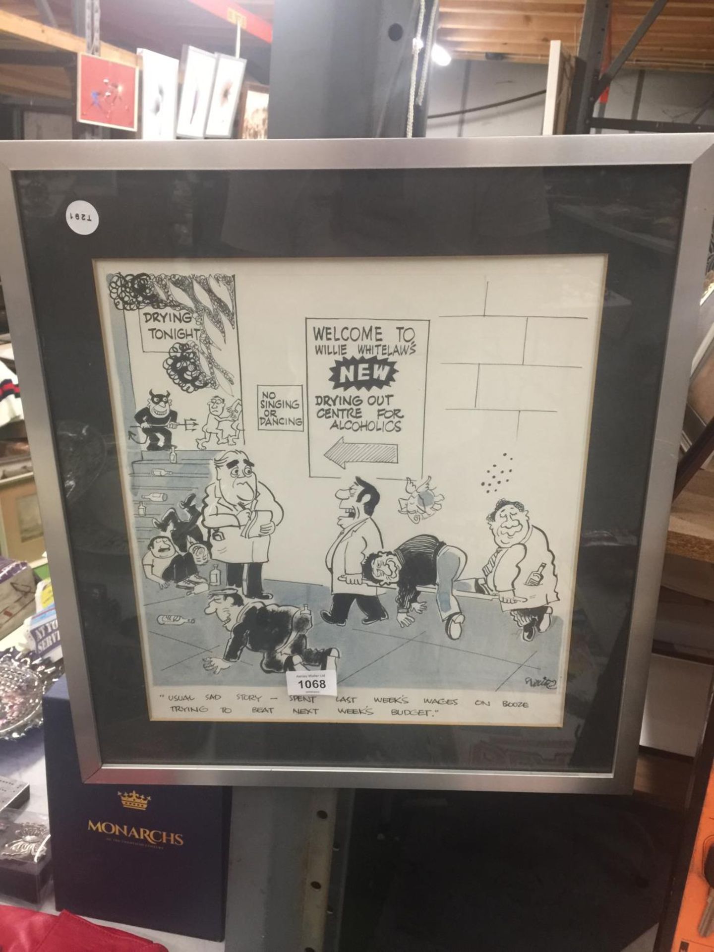 A FRAMED CARTOON CAPTION ABOUT WILLIE WHITELAW