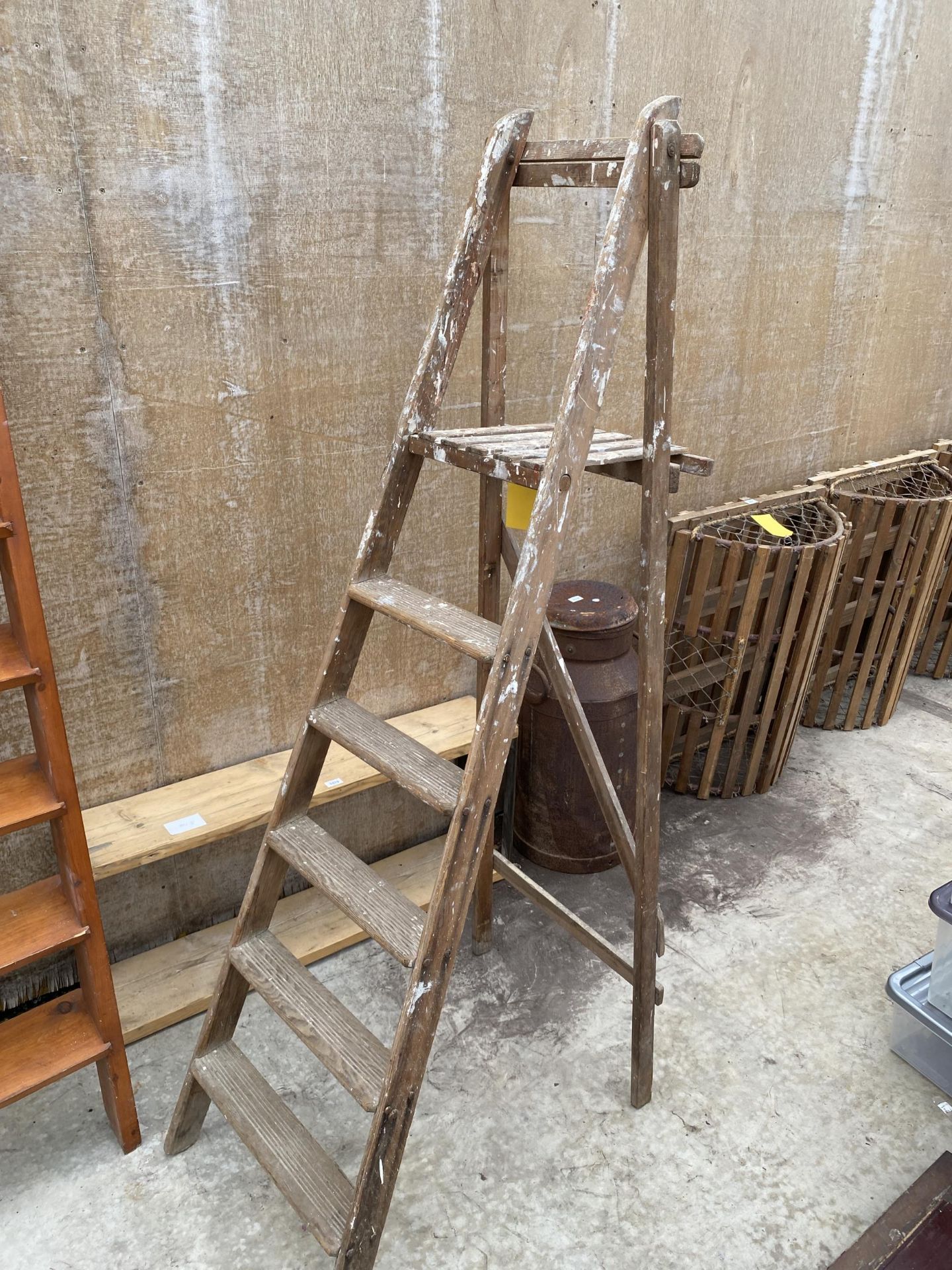A WOODEN NINE RUNG LADDER AND A VINTAGE FIVE RUNG WOODEN STEP LADDER - Image 2 of 3