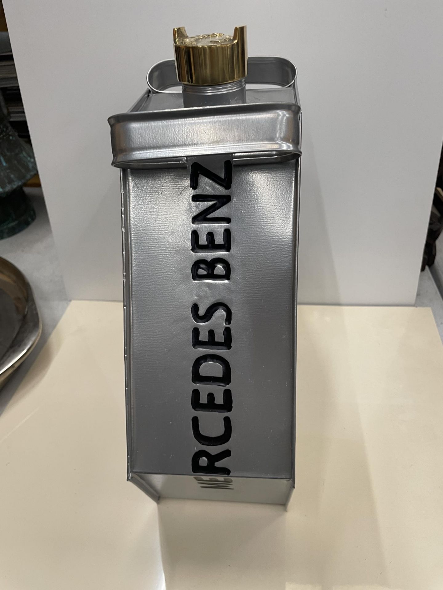 A SILVER MERCEDES PETROL CAN WITH BRASS TOP - Image 2 of 3