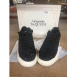 A PAIR OF ALEXANDER McQUEEN BLACK WOMEN'S CASUAL TRAINERS, SIZE 6, WITH ORIGINAL PAPERWORK, BOXED