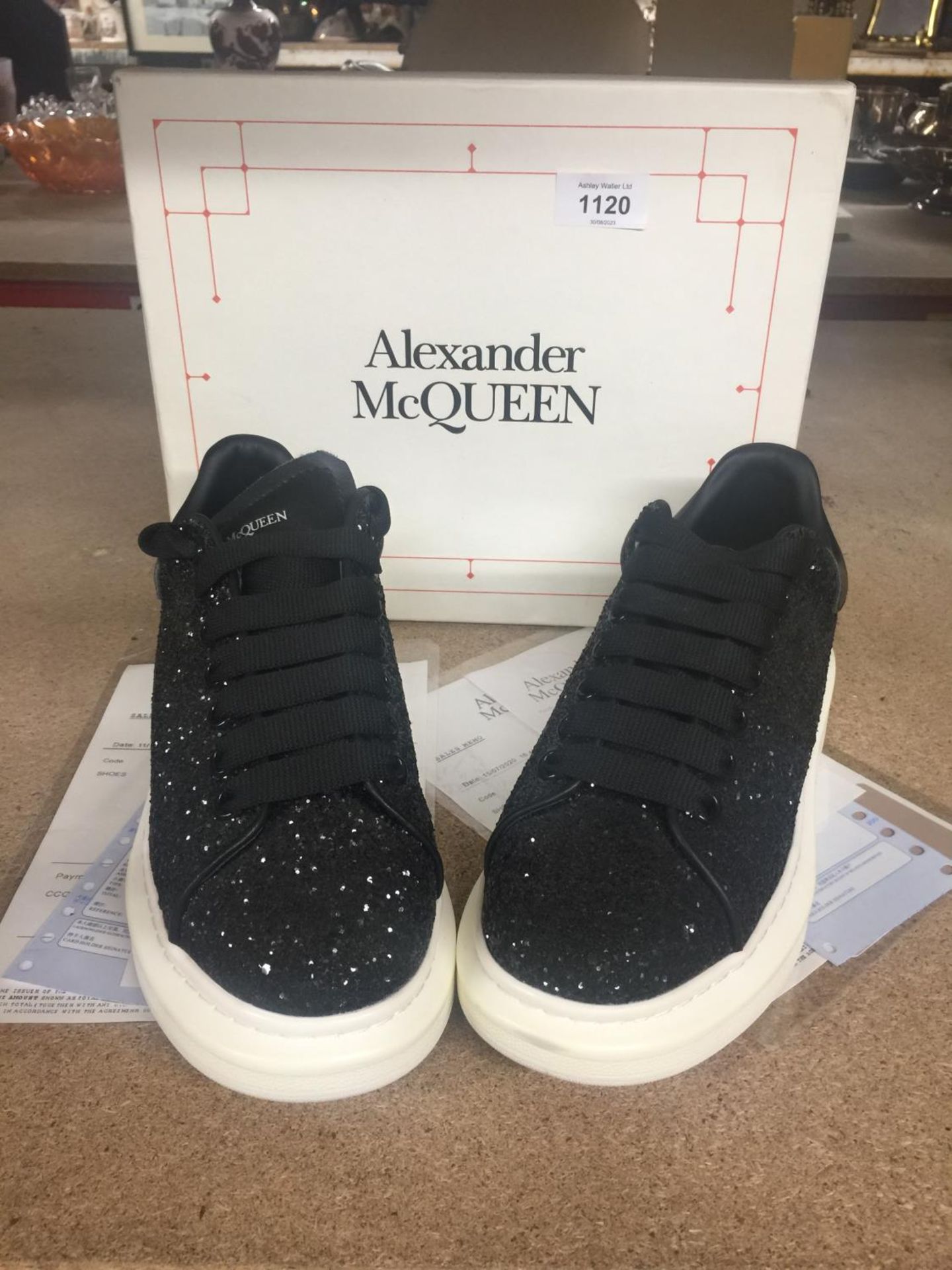 A PAIR OF ALEXANDER McQUEEN BLACK WOMEN'S CASUAL TRAINERS, SIZE 6, WITH ORIGINAL PAPERWORK, BOXED