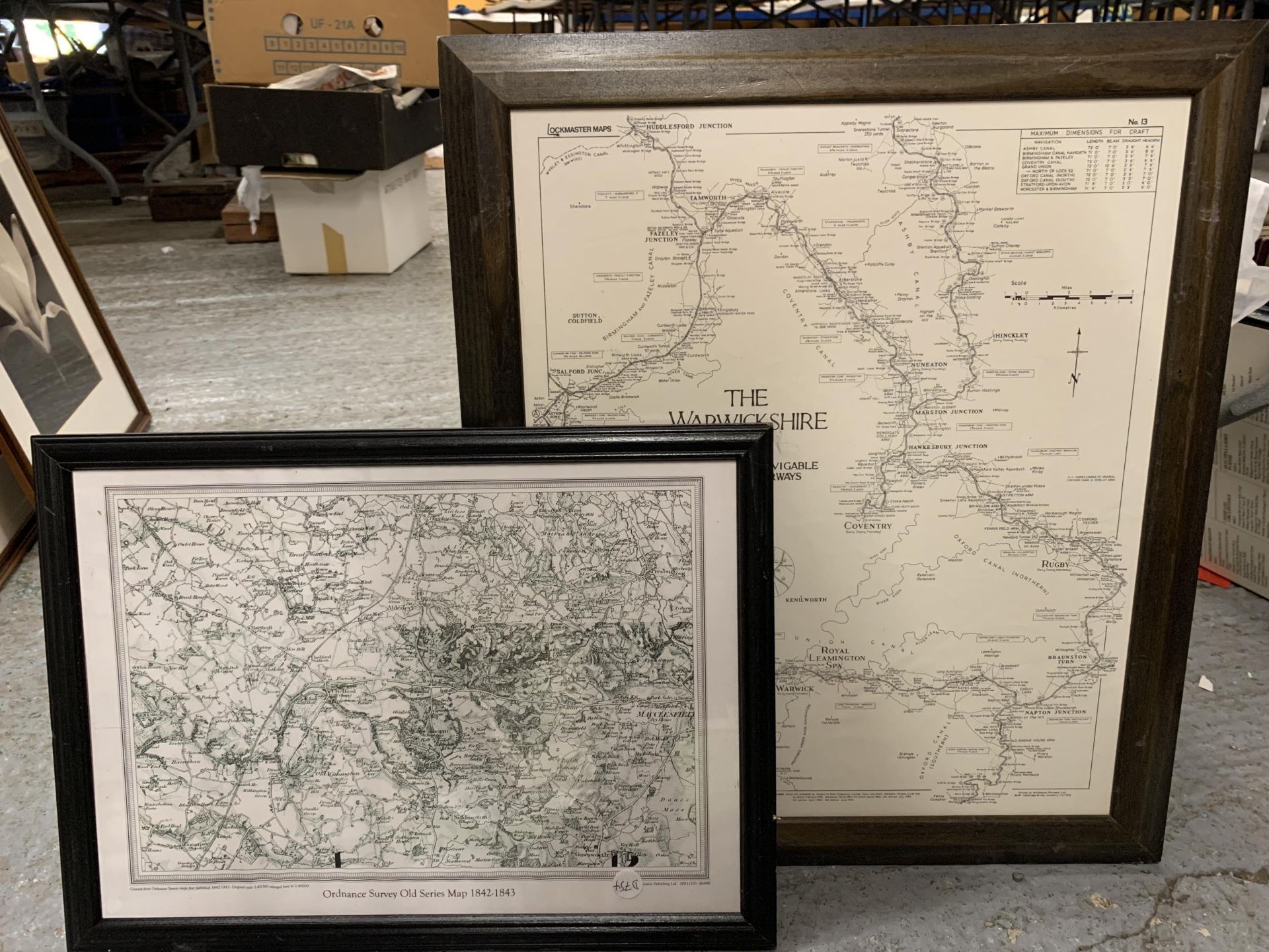 TWO LARGE FRAMED MAPS OF THE WARWICKSHIRE AND CHESHIRE