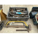 AN ASSORTMENT OF TOOLS TO INCLUDE A SLEDGE HAMMER, STILSENS AND VARIOUS HAMMERS ETC